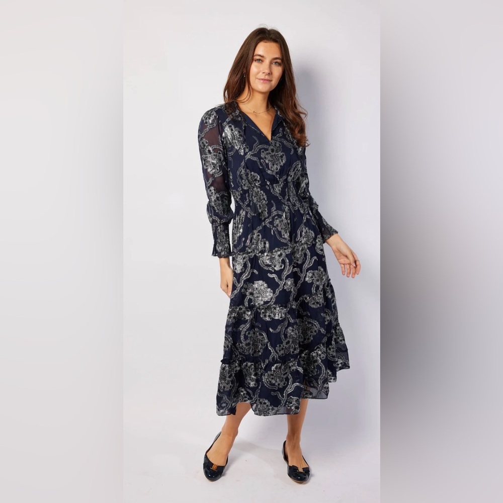 Navy Metallic Smocked Waist Midi Dress